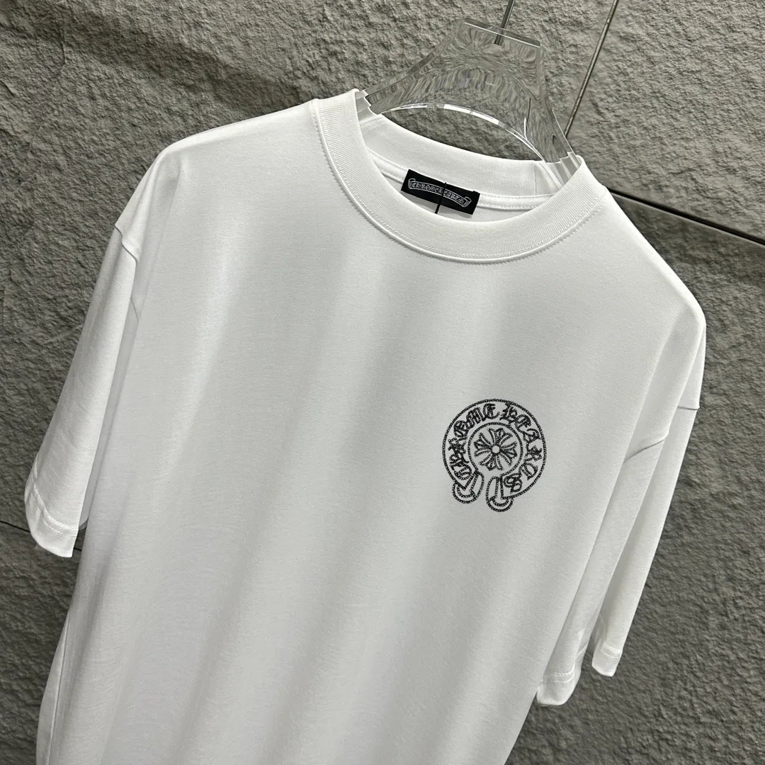🅿️180 CH*Cro Heart*2025 spring and summer new style Classic horseshoe embroidery Customized double yarn plain cotton fabric Short-sleeved T-shirt Unisex Color: Black White Size: S (90-130 catties) M (120-150 catties) L (140-165 catties) XL (160-180 catties) XXL (180-210 catties)